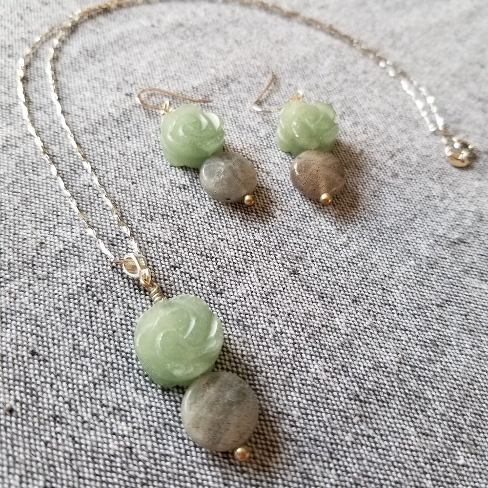 Labradorite and green agate sterling silver gemstone earrings and necklace
